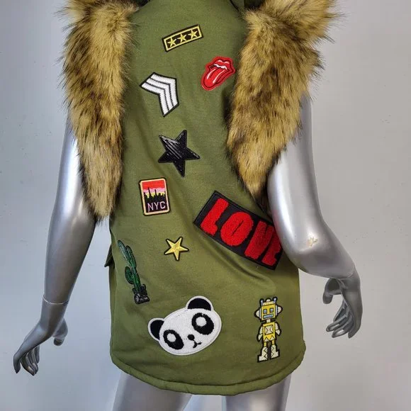NWOT~$545~KINGSTAR~S/M~ARMY GREEN HOODED FAUX FOX RACCOON FUR PATCHES VEST COAT